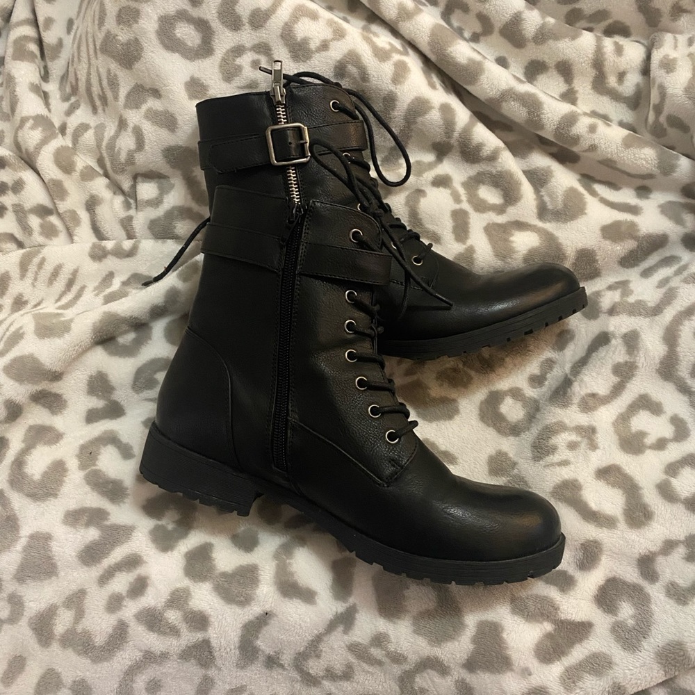 black combat boots.